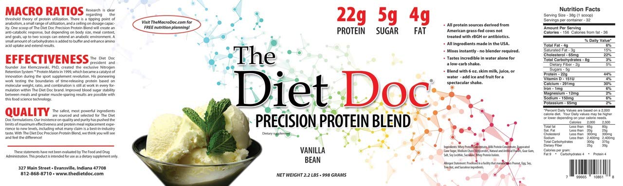 The Diet Doc Precision Protein Blend- 100% Grass Fed Whey Protein Concentrate and Isolate Blend - 22g of Protein - 32 Servings - 2.2lb