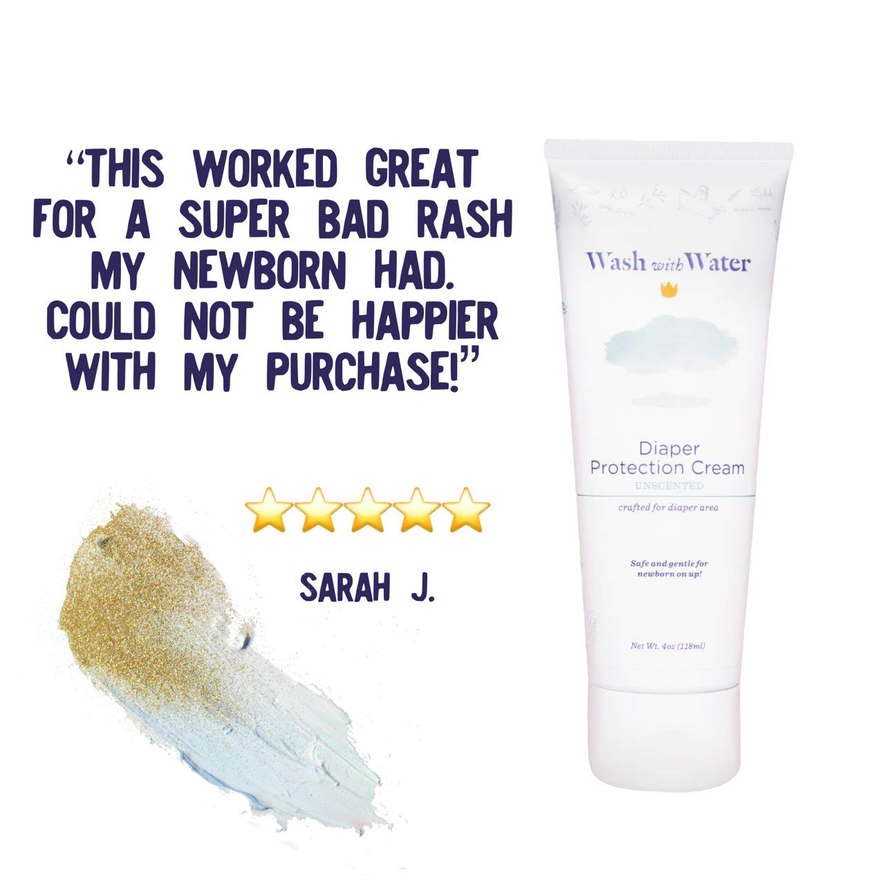 Wash with Water Baby Diaper Cream with Calendula + Moroccan Argan Oil for Diaper Rash, Sensitive Skin & Eczema, 4oz