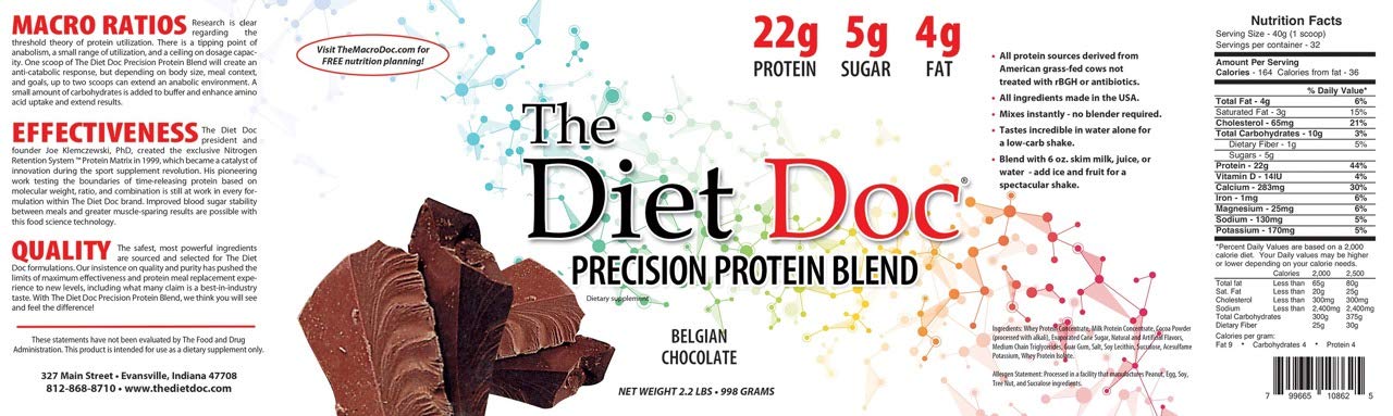 The Diet Doc Precision Protein Blend- 100% Grass Fed Whey Protein Concentrate and Isolate Blend - 22g of Protein - 32 Servings -  2.2lb